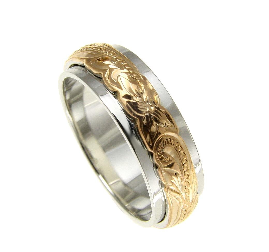 Arthur's Jewelry Sterling silver 925 2 tone yellow gold plated Hawaiian princess scroll 4/6mm double band ring size 8