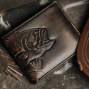 HoJ Co. BASS FISH Bifold Wallet for Men | Extra Capacity Two ID Windows | Full Grain Leather With Hand Burnished Finish | Multi Card Capacity | Outdoor Sportsman Men's Wallet