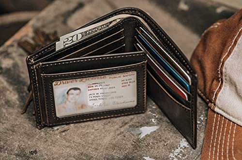 HoJ Co. BASS FISH Bifold Wallet for Men | Extra Capacity Two ID Windows | Full Grain Leather With Hand Burnished Finish | Multi Card Capacity | Outdoor Sportsman Men's Wallet