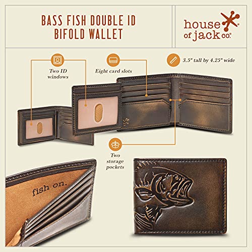 HoJ Co. BASS FISH Bifold Wallet for Men | Extra Capacity Two ID Windows | Full Grain Leather With Hand Burnished Finish | Multi Card Capacity | Outdoor Sportsman Men's Wallet