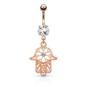 pierced owl 14ga stainless steel beaded outline hamsa hand with cz crystal center dangling belly button ring (14kt rose gold plated)