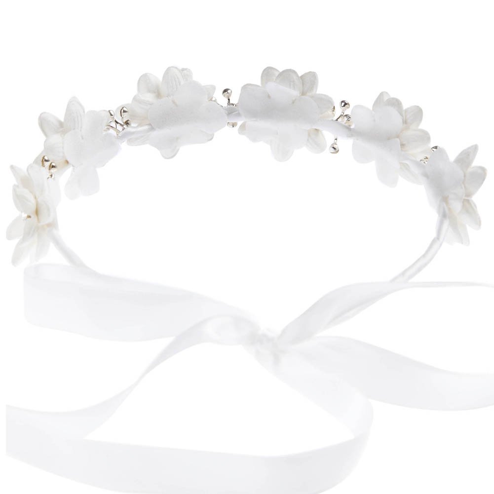 FAYBOX Flower Girls Elegant Headband Wedding Floral Hairbands Accessories White (Clear Rhinestone(White))