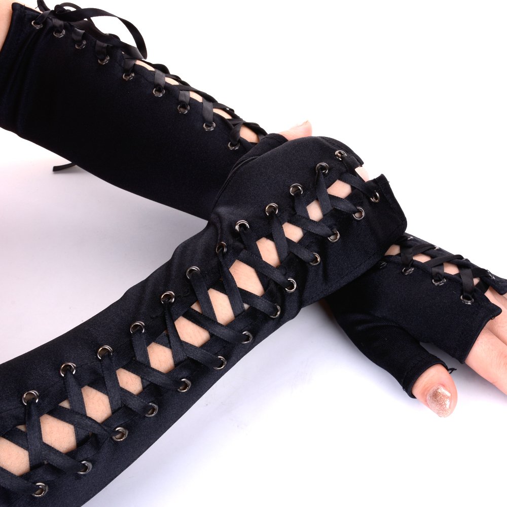 JISEN Womens Full Length Fingerless Lace Up Arm Warmer Satin Gloves Black