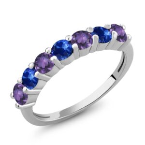 Gem Stone King 925 Sterling Silver Purple Amethyst and Blue Sapphire 7 Round Stone Wedding Anniversary Ring For Women (1.32 Cttw, Gemstone Birthstone, Available In Size 5, 6, 7, 8, 9)