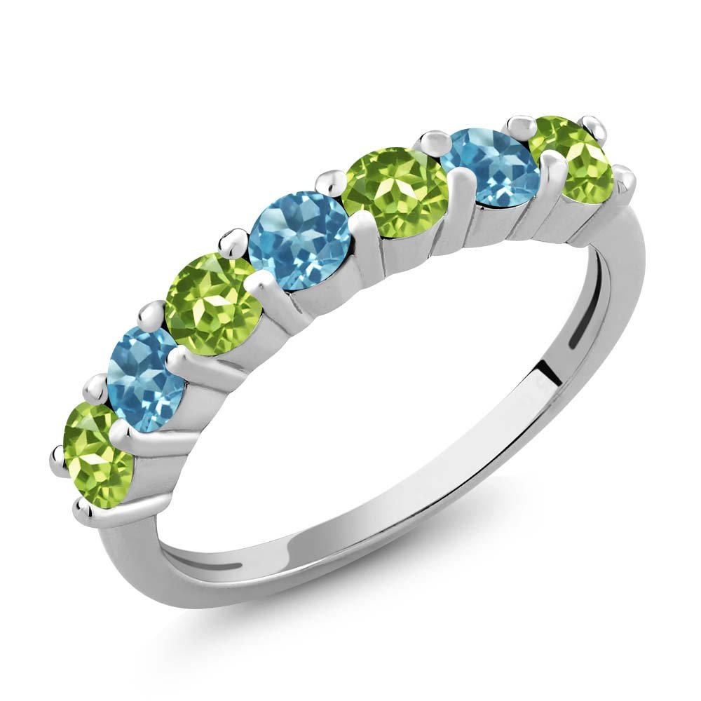 Gem Stone King 925 Sterling Silver Round Green Peridot and Swiss Blue Topaz Anniversary Ring For Women (1.32 Cttw, Gemstone Birthstone, Available In Size 5, 6, 7, 8, 9)