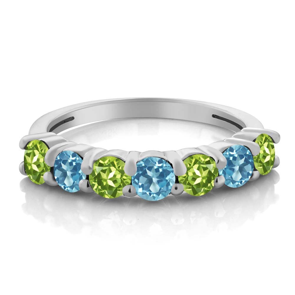 Gem Stone King 925 Sterling Silver Round Green Peridot and Swiss Blue Topaz Anniversary Ring For Women (1.32 Cttw, Gemstone Birthstone, Available In Size 5, 6, 7, 8, 9)