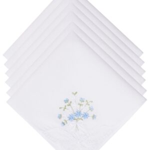 Selected Hanky Women's Cotton Handkerchiefs Flower Embroidered with Lace, Ladies Hankies 6 Pcs - Blue Floral