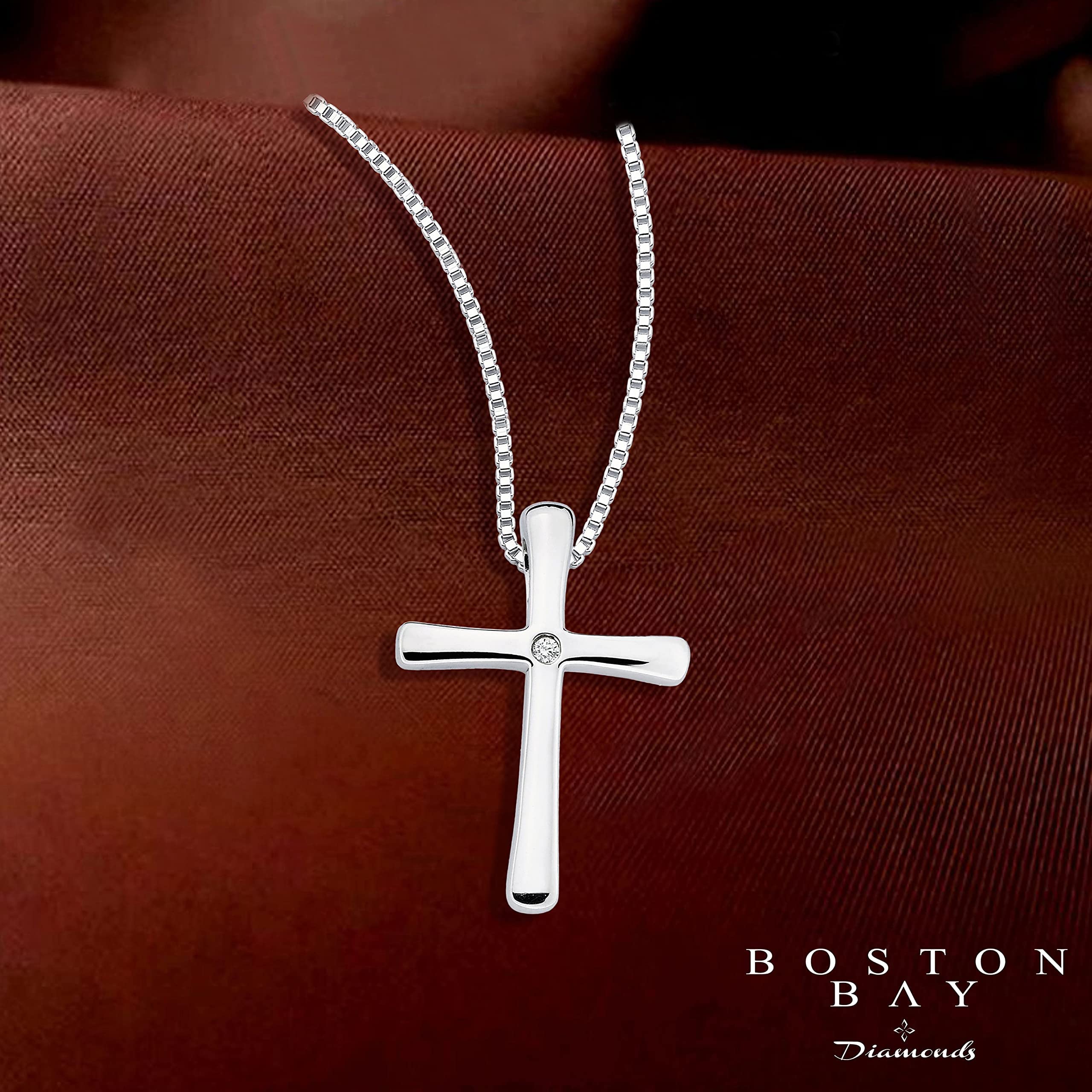 Boston Bay Diamonds .925 Sterling Silver Diamond Accented Flush Set Flared Cross Pendant Necklace (I Color, I1 Clarity) - 18” Box Chain