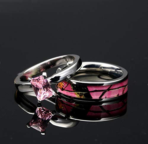 4pcs His Hers Camo Pink Radiant Stainless Steel Sterling Silver Wedding Ring Set (Size His 13, Hers 08)