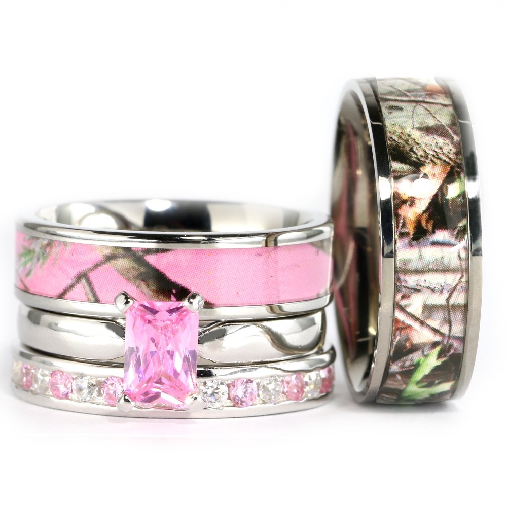 4pcs His Hers Camo Pink Radiant Stainless Steel Sterling Silver Wedding Ring Set (Size His 11, Hers 10)