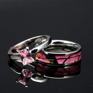 4pcs His Hers Camo Pink Radiant Stainless Steel Sterling Silver Wedding Ring Set (Size His 11, Hers 10)