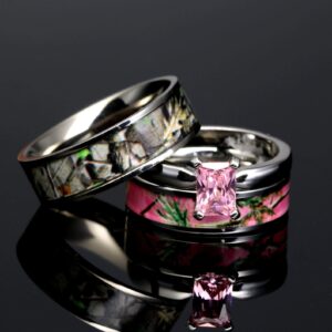 4pcs His Hers Camo Pink Radiant Stainless Steel Sterling Silver Wedding Ring Set (Size His 11, Hers 10)