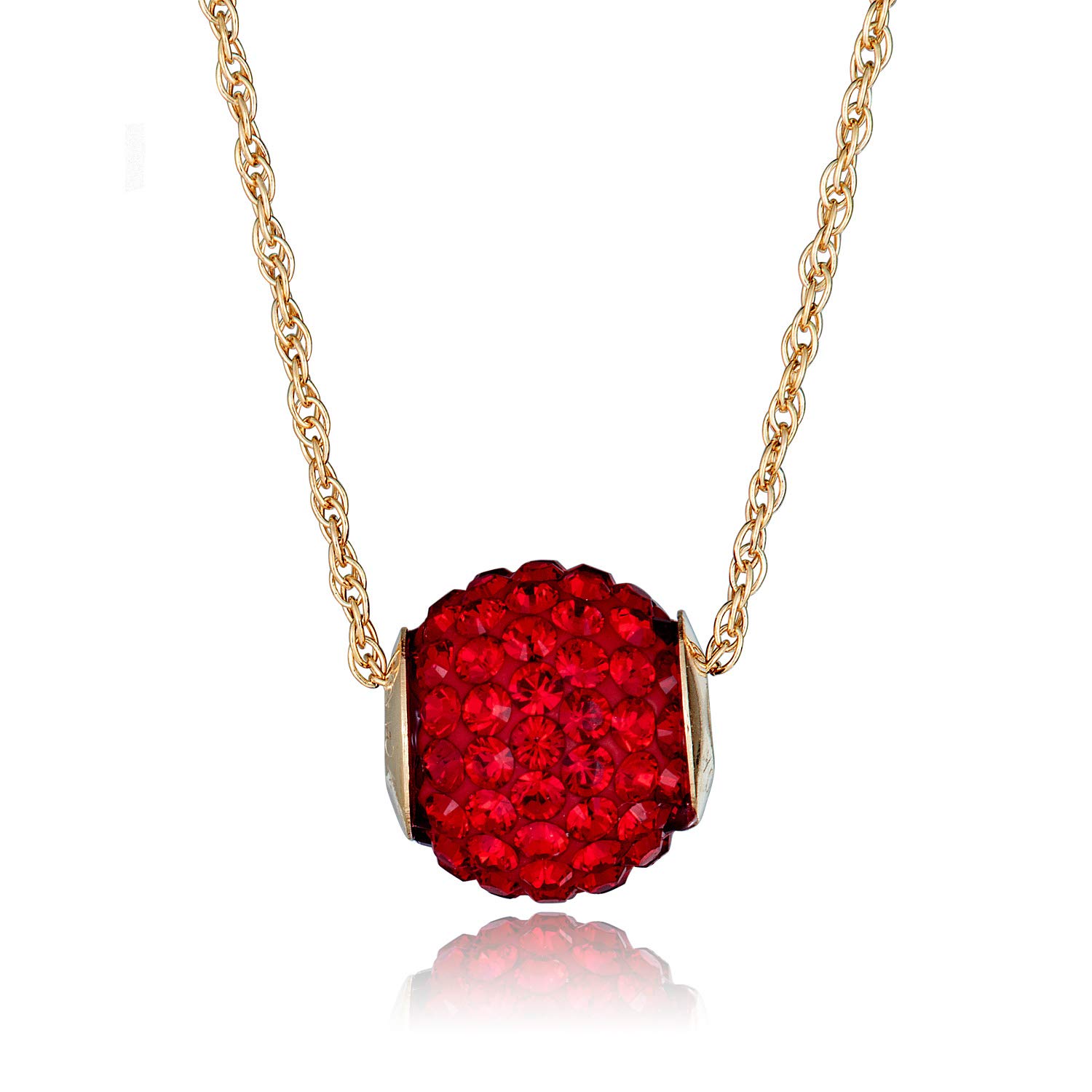 AVORA 10K Yellow Gold Swarovski Elements Red Crystal Slide Ball Pendant Necklace with 18" Chain