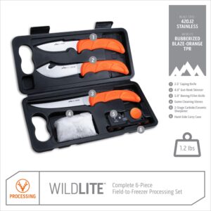 Outdoor Edge WildLite - 6-Piece Field to Freezer Hunting & Game Processing Knife Set with Gut Hook Skinning Knife, Caping Knife - Hard-Side Case