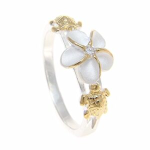 Arthur's Jewelry Sterling silver 925 Hawaiian plumeria flower cz turtle ring 2 tone yellow gold plated size 8