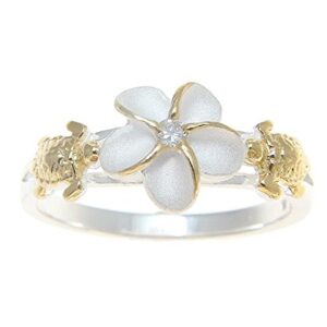 Arthur's Jewelry Sterling silver 925 Hawaiian plumeria flower cz turtle ring 2 tone yellow gold plated size 8