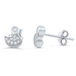 Rhodium Plated Sterling Silver Cubic Zirconia Duck Womens Earrings, Comes Gift Ready, Unique gifts for Women Tiny cartilage earrings Silver Second Tiny Studs for Ladies - 6mm