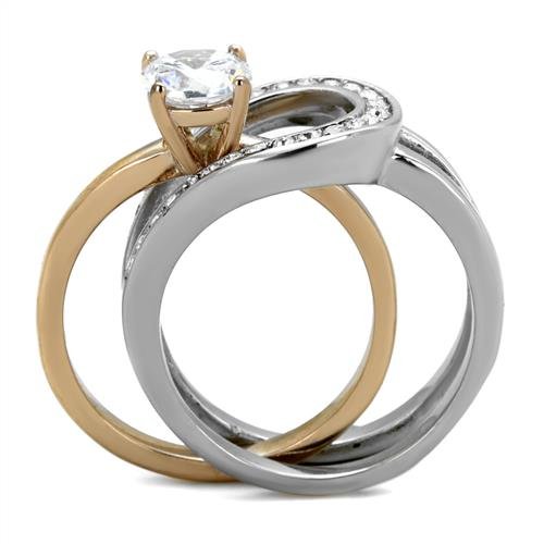 Nationalonlinediscounts Stainless Steel Rose Gold IP 2 Piece Horseshoe Wedding Engagement Ring Set with Round CZ Zirconia Size 5,6,7,8,9 & 10 (7)