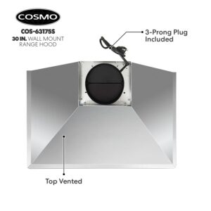 COSMO COS-63175S Wall Mount Range Hood with Ducted Convertible Ductless (No Kit Included), Ceiling Chimney-Style Stove Vent, LEDs Light, Permanent Filter, 3 Speed Fan in Stainless Steel (30 inch)