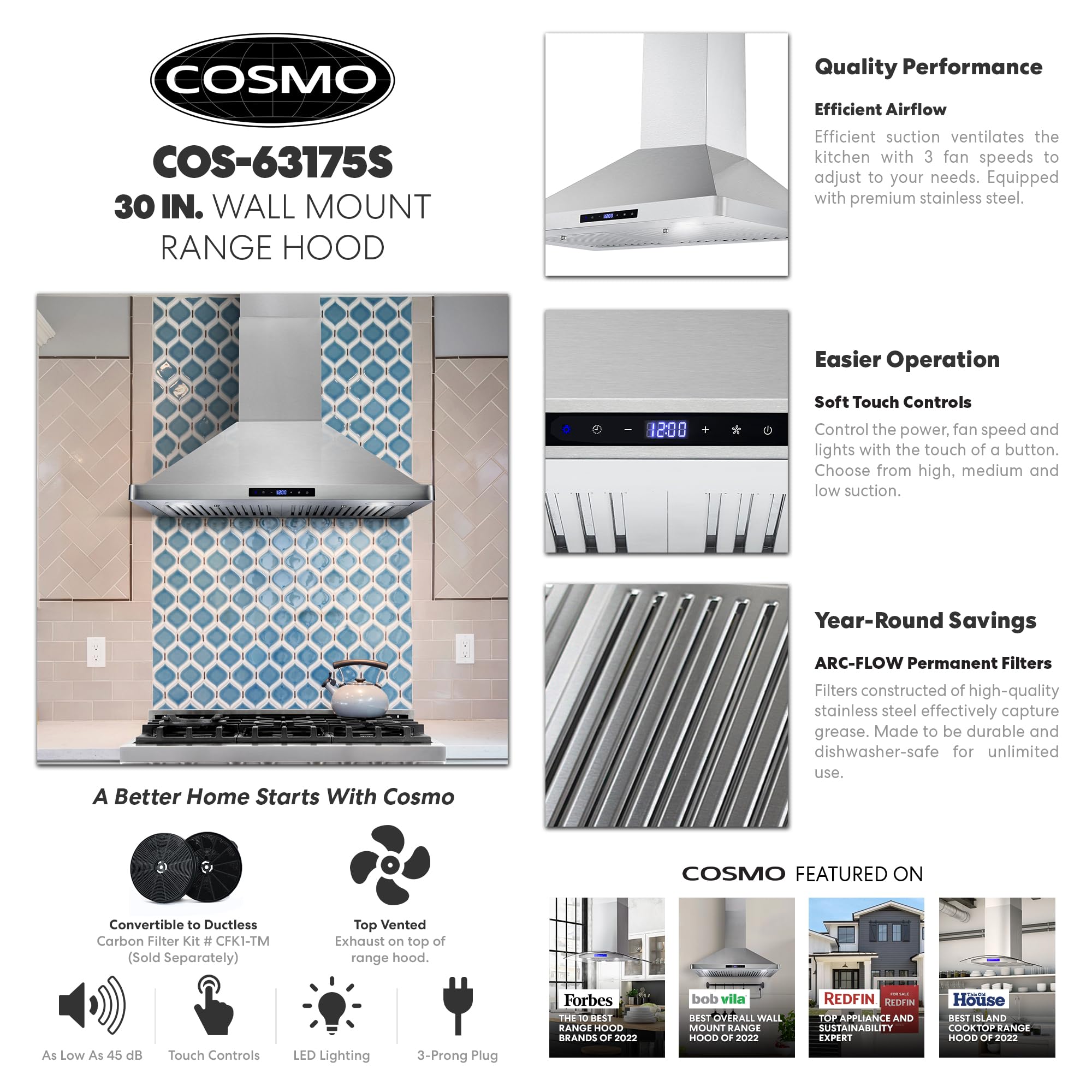 COSMO COS-63175S Wall Mount Range Hood with Ducted Convertible Ductless (No Kit Included), Ceiling Chimney-Style Stove Vent, LEDs Light, Permanent Filter, 3 Speed Fan in Stainless Steel (30 inch)