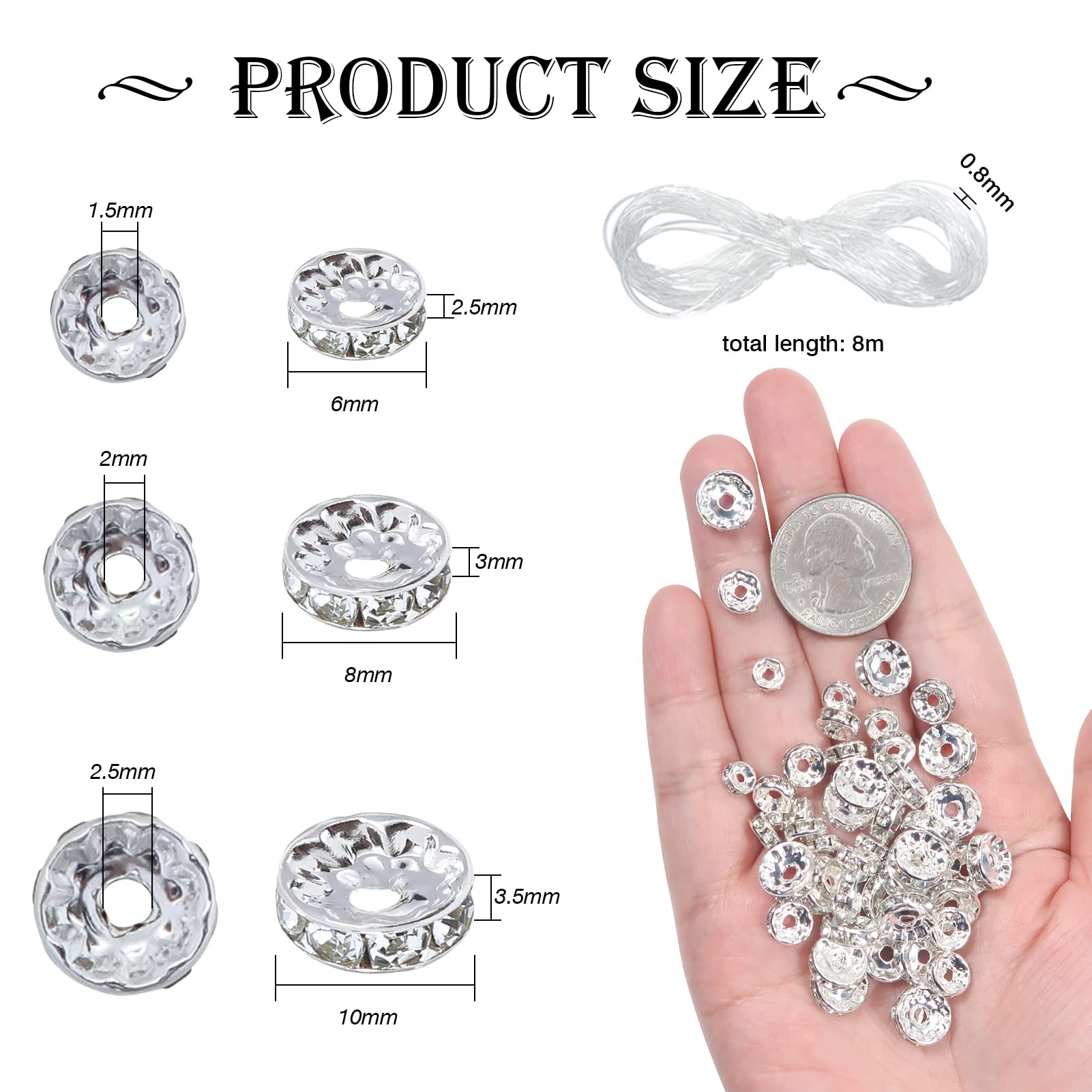 TOAOB 200pcs Rondelle Spacer Beads 6mm 8mm 10mm Round Crystal Czech Loose Spacer Beads Silver Rhinestone Charms Beads with Elastic String for DIY Crafts Jewelry Making Necklace Bracelet