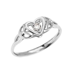 Modern Contemporary Rings Dainty 10k White Gold Trinity Knot Heart Solitaire Diamond Engagement and Proposal Ring (Size 4)