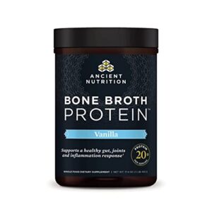 ancient nutrition protein powder made from real chicken and beef bone broth, vanilla, 20g protein per serving, 20 serving tub, gluten free hydrolyzed collagen peptides supplement