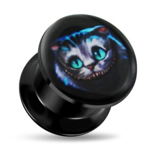 1 Piece of 5/8 Inch - 16mm Cheshire Cat Logo Internally Threaded Black Acrylic Double Flared Flesh Ear Plug