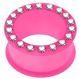 0 Gauge - 8MM Multi Crystal Stone Setting on Pink Soft and Flexible Silicone Double Flared Tunnels Ear Plugs - Sold by Piece