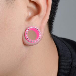 0 Gauge - 8MM Multi Crystal Stone Setting on Pink Soft and Flexible Silicone Double Flared Tunnels Ear Plugs - Sold by Piece