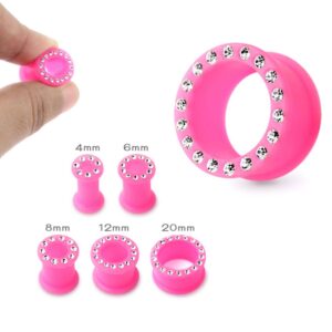 0 Gauge - 8MM Multi Crystal Stone Setting on Pink Soft and Flexible Silicone Double Flared Tunnels Ear Plugs - Sold by Piece