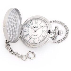 speidel silver-tone pocket watch with white dial and 14" chain