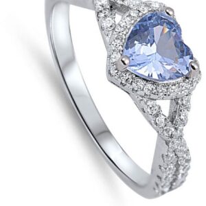 Heart Blue Simulated Aquamarine Halo Ring .925 Sterling Silver Infinity Knot Size 9