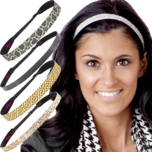 Hipsy Women's Adjustable No Slip Bling Glitter & Greek Key Fashion Headband 5-pack (White & Gold Multi 5pk)