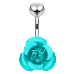 Light Blue Fancy Colorful Metal Rose 925 Sterling Silver with Stainless Steel Belly Button Navel Rings