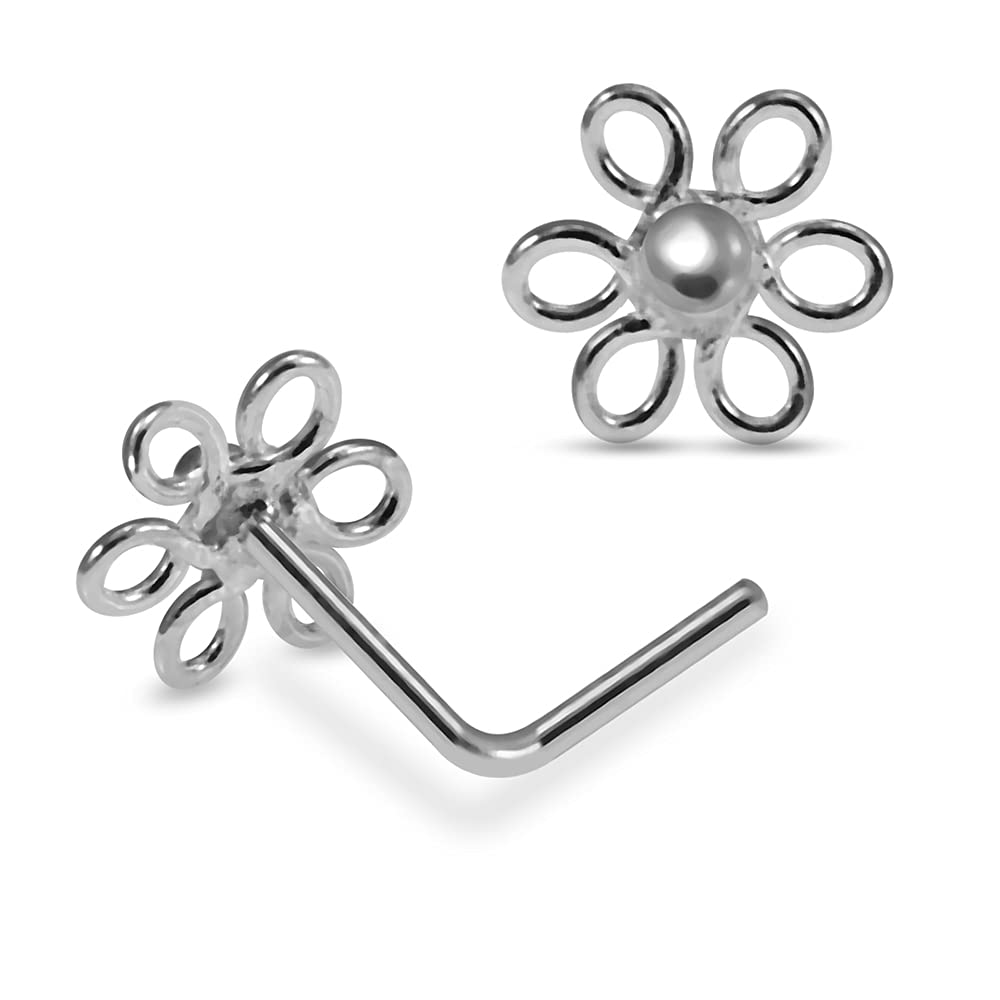 Plain Filigree Flower Top 22 Gauge Silver L Bend Nose Stud Piercing Jewelry