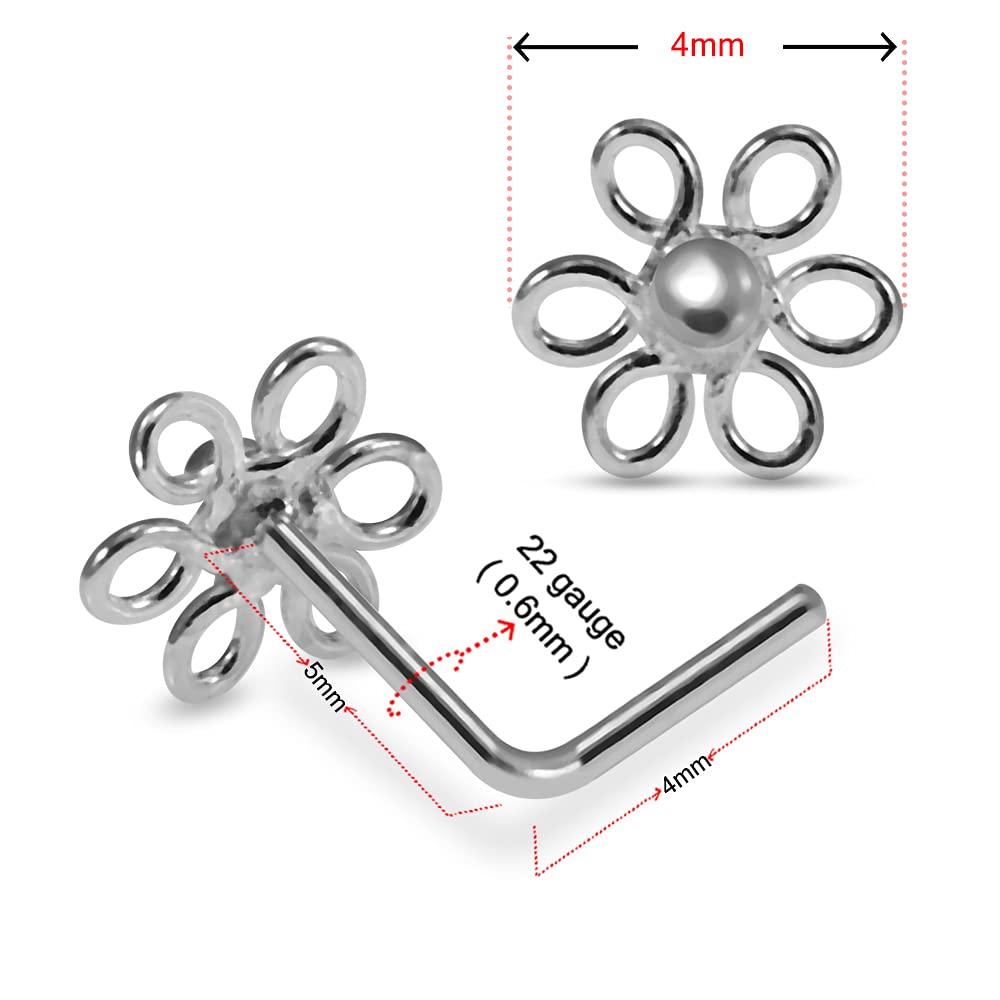 Plain Filigree Flower Top 22 Gauge Silver L Bend Nose Stud Piercing Jewelry