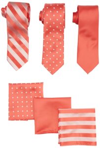 stacy adams men's 3 pack satin neckties solid striped dots with pocket squares, coral, one size