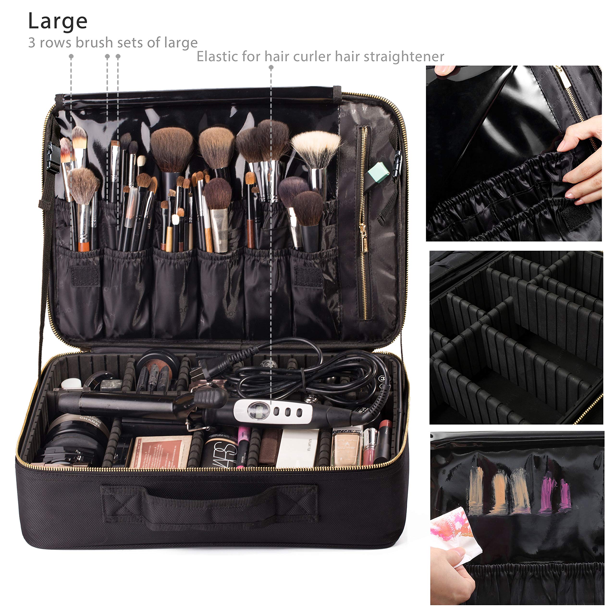 ROWNYEON Makeup Bag Cosmetic Makeup Train Case Artist Makeup Organizer Professional Portable Storage Bag for Women Girl Waterproof EVA Adjustable Dividers Large Black