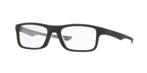 oakley men's ox8081 plank 2.0 rectangular prescription eyeglass frames, satin black on blue/demo lens, 53 mm