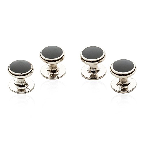 Cuff-Daddy 4 Silver Black Shirt Studs Set in a Velour Pouch - Perfect for Tuxedo Groomsmen Groom Wedding Party