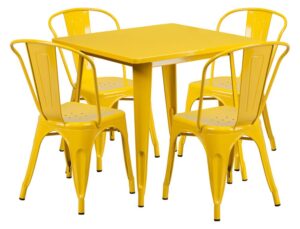 flash furniture commercial grade 31.5" square yellow metal indoor-outdoor table set with 4 stack chairs