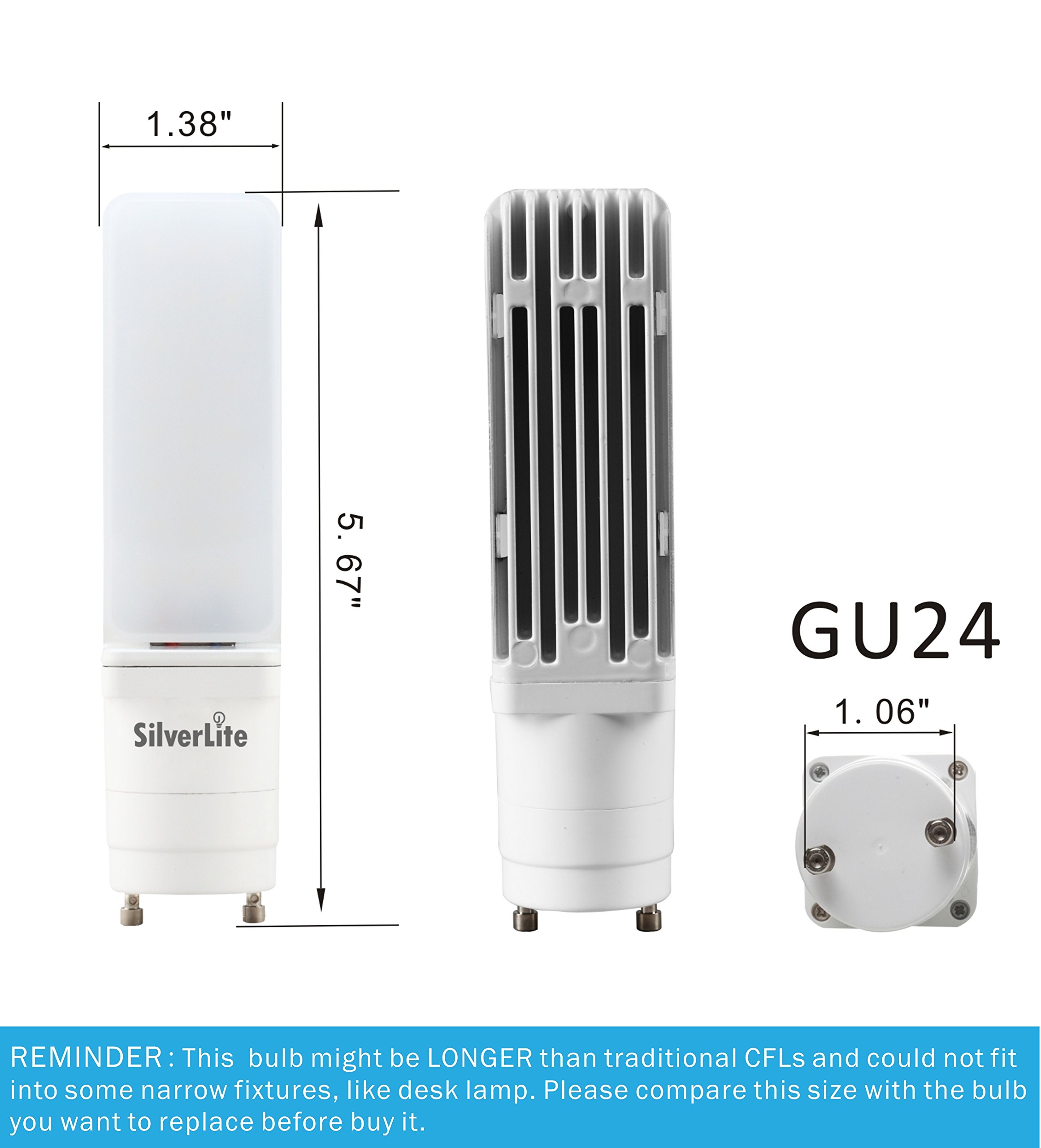 Silverlite 12w LED PL Bulb GU24 Base,26w CFL Equivalent,1100LM,Warm White(3000k),120-277V,Horizontal Recessed,180°Rotatable,UL Listed