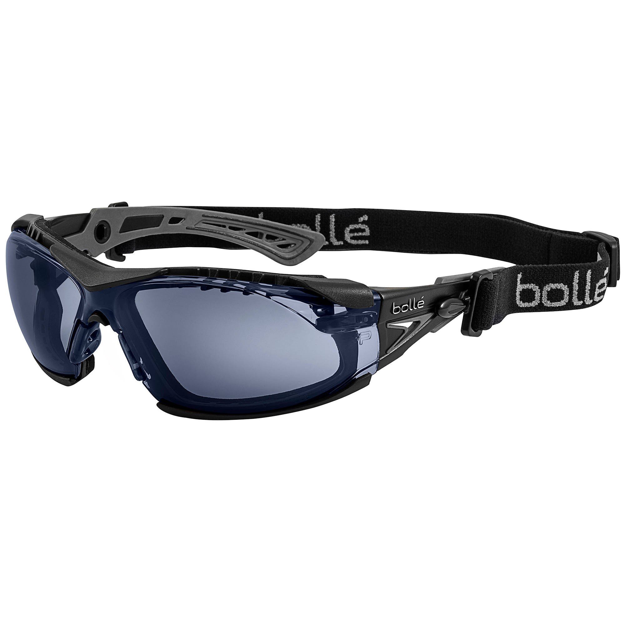 Bolle Safety Rush+ Safety Glasses PLATINUM® with Assembled Foam and Strap, Black & Grey Frame, Smoke Lenses