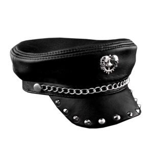 vogueteen New! Métal Rivet clouté crâne Hommes en Cuir véritable Biker Punk Rocker Cap (59cm-60cm) Black