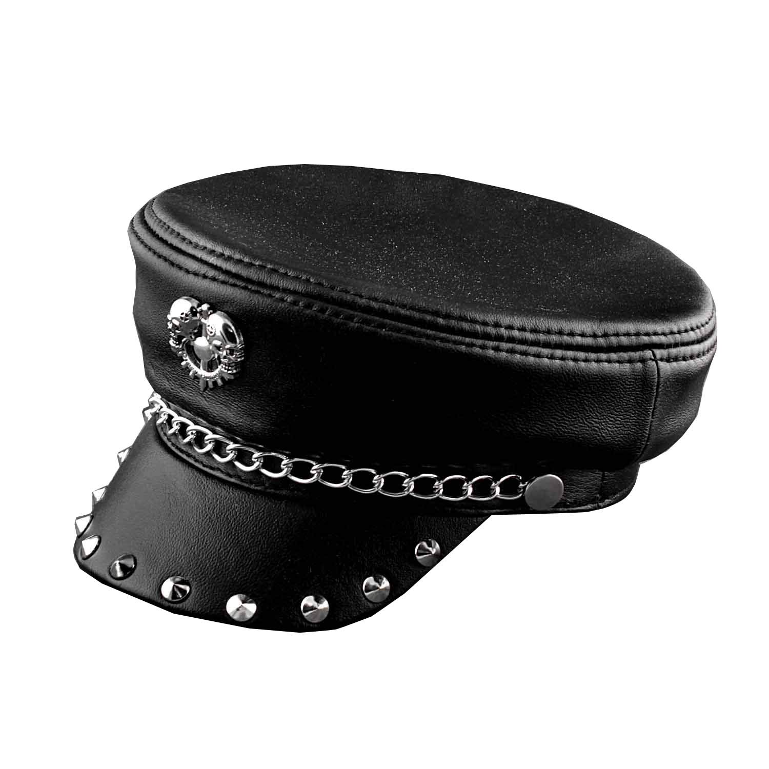 vogueteen New! Métal Rivet clouté crâne Hommes en Cuir véritable Biker Punk Rocker Cap (59cm-60cm) Black