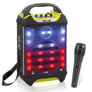 pyle portable bluetooth karaoke speaker system - audio recording function, 32 gb usb/sd card support, built-in rechargeable battery, flashing dj light w/ music streaming & handheld mic pwma275bt