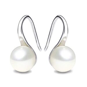 925 sterling silver hoop handpicked aaa+ quality 7.5-8mm white freshwater cultured pearl dangle drop earrings jewelry for women