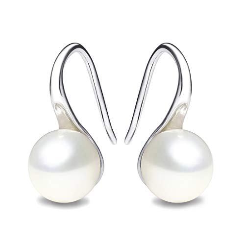 925 Sterling Silver Hoop Handpicked AAA+ Quality 7.5-8mm White Freshwater Cultured Pearl Dangle Drop Earrings Jewelry for Women