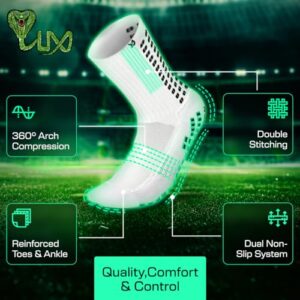 LUX Anti Slip Soccer Socks, Non Slip Football/Basketball/Hockey Sports Grip Pads Socks White Large